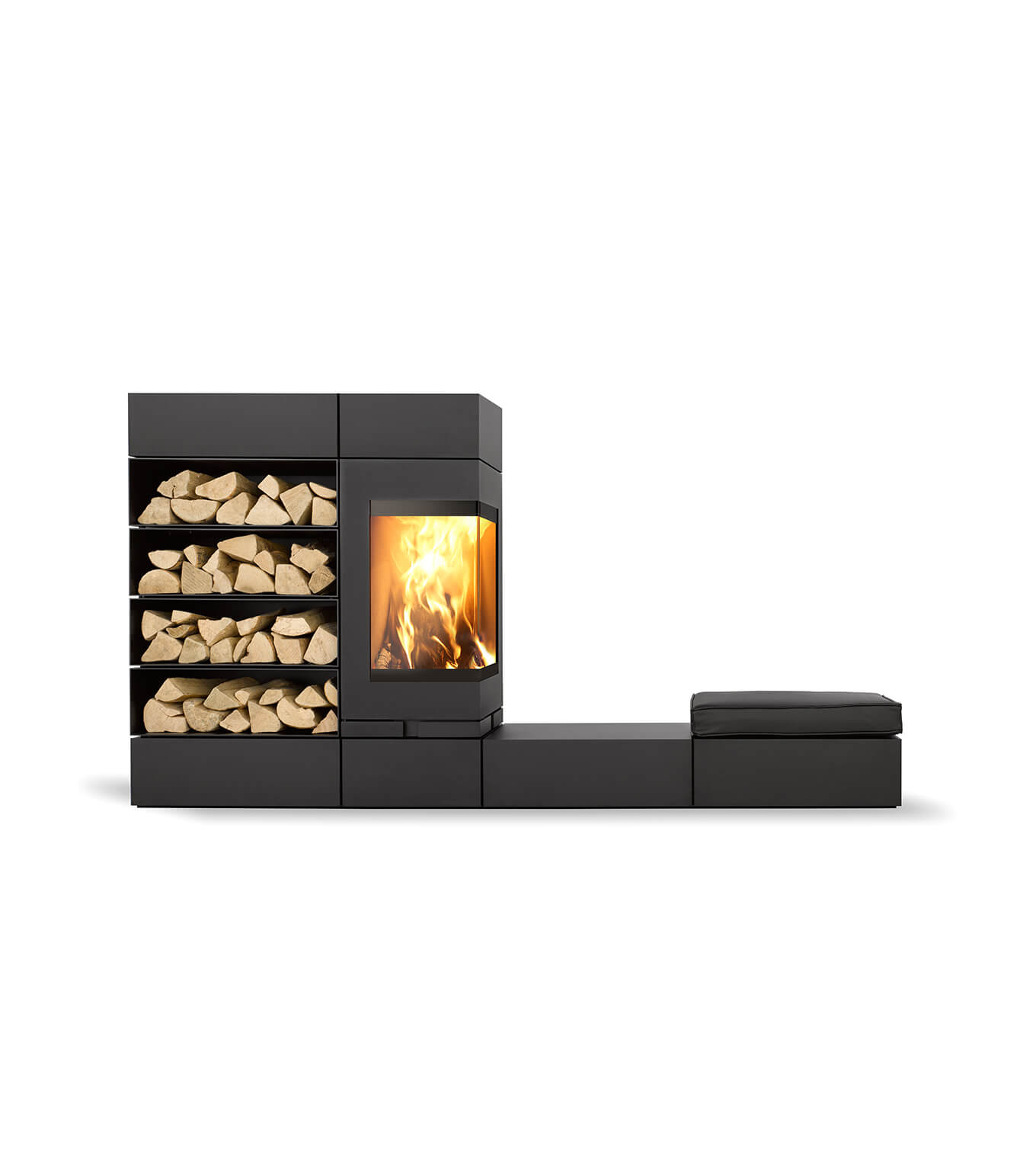 Skantherm Elements 400 freestanding corner fireplace with storage and seating options