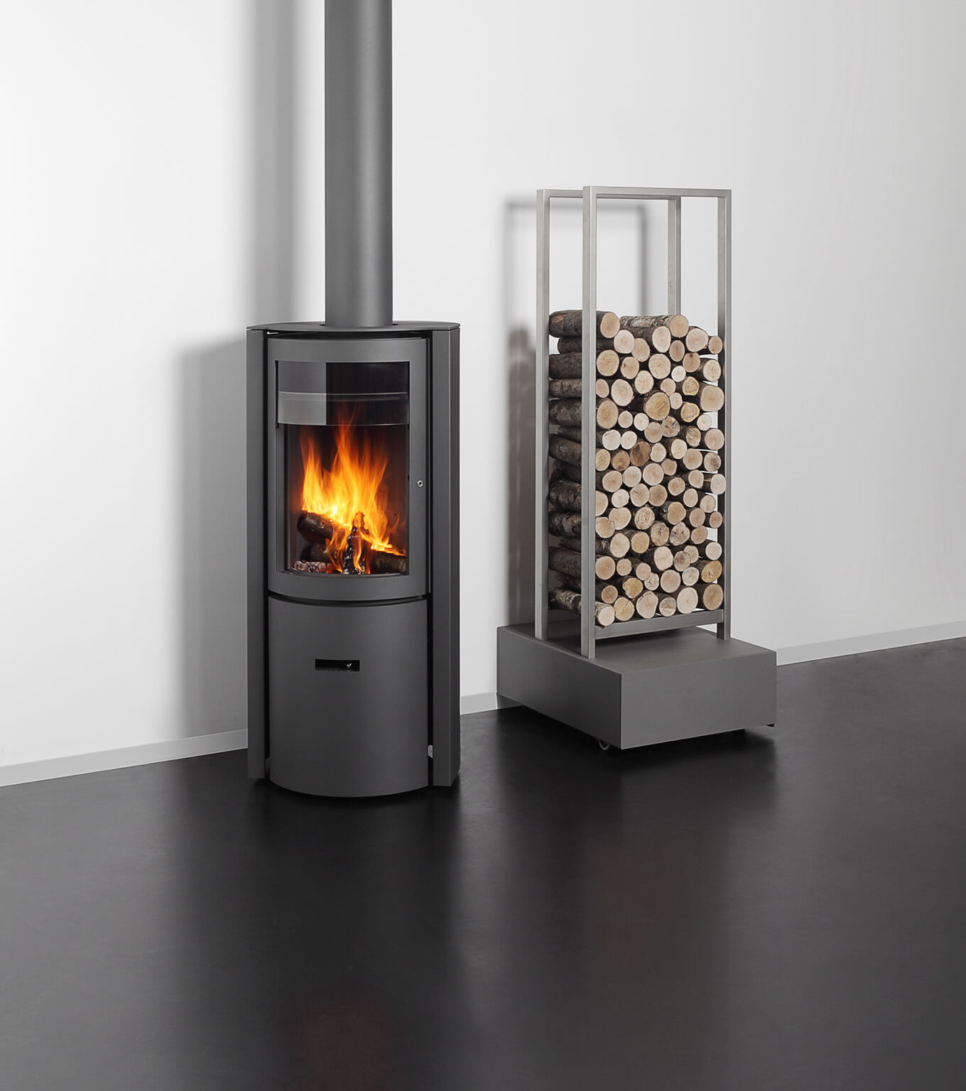 Stuv 30 compact fireplace with wood storage