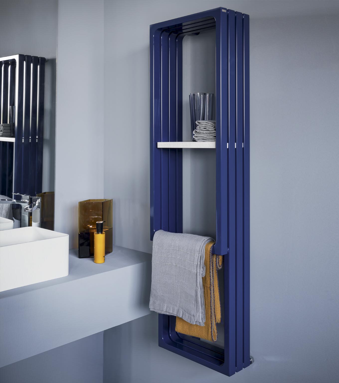 Montecarlo hydronic radiator in blue with shelving