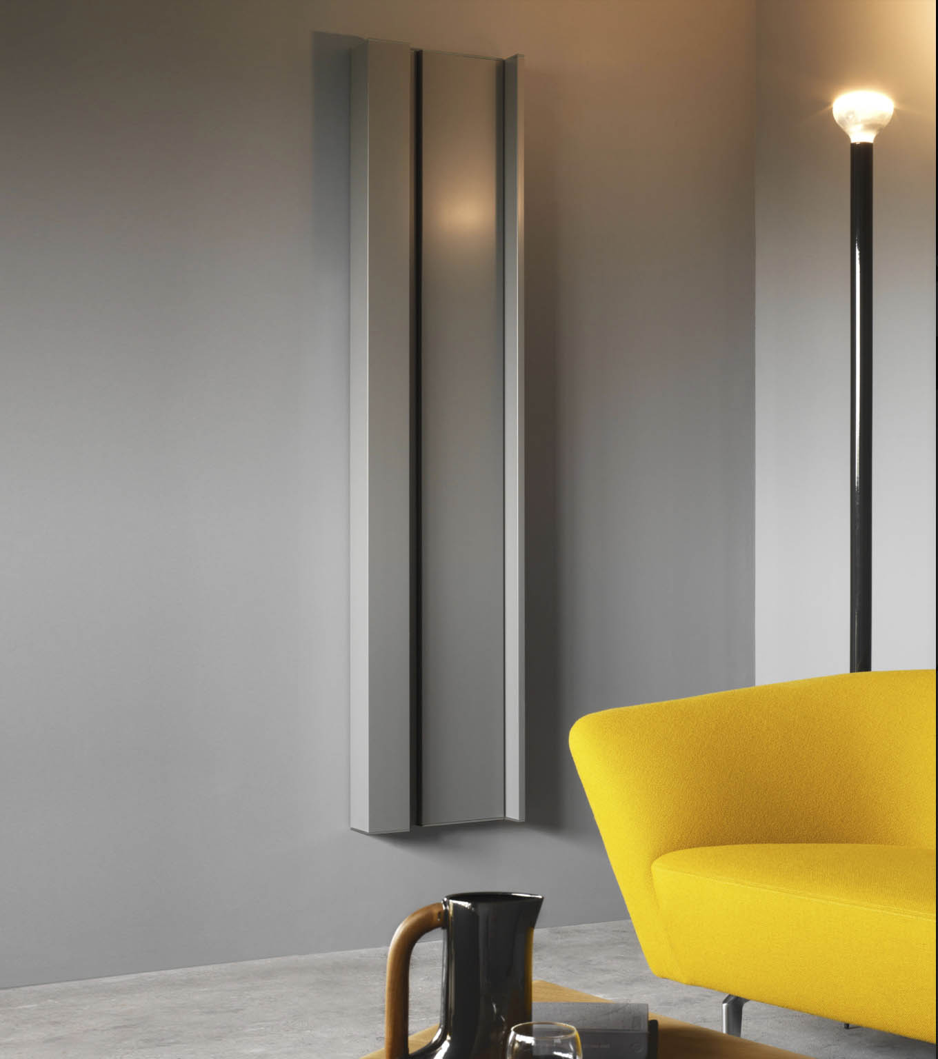 Rift hydronic radiator grey panels in living room