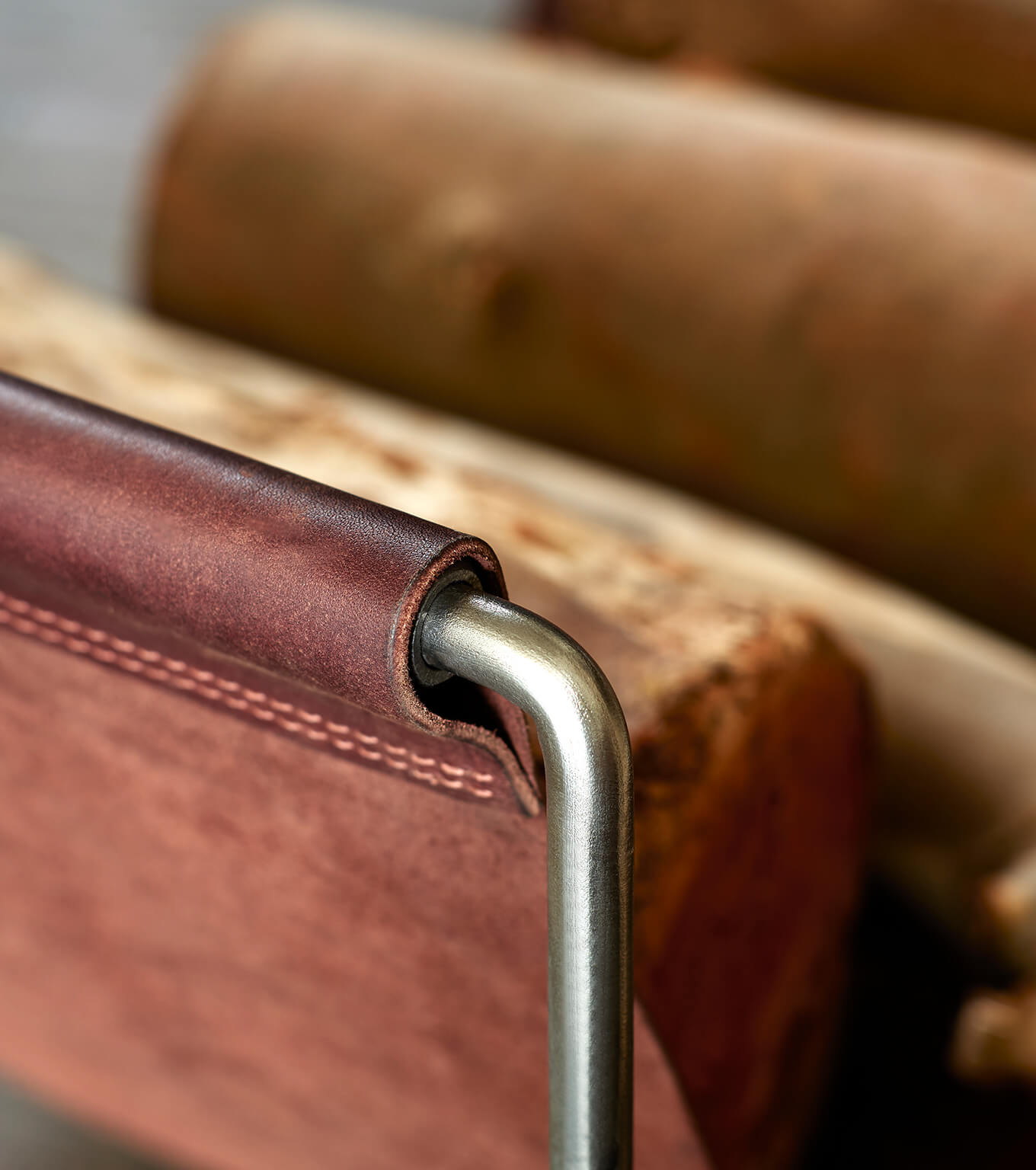 Sling leather log holder close up