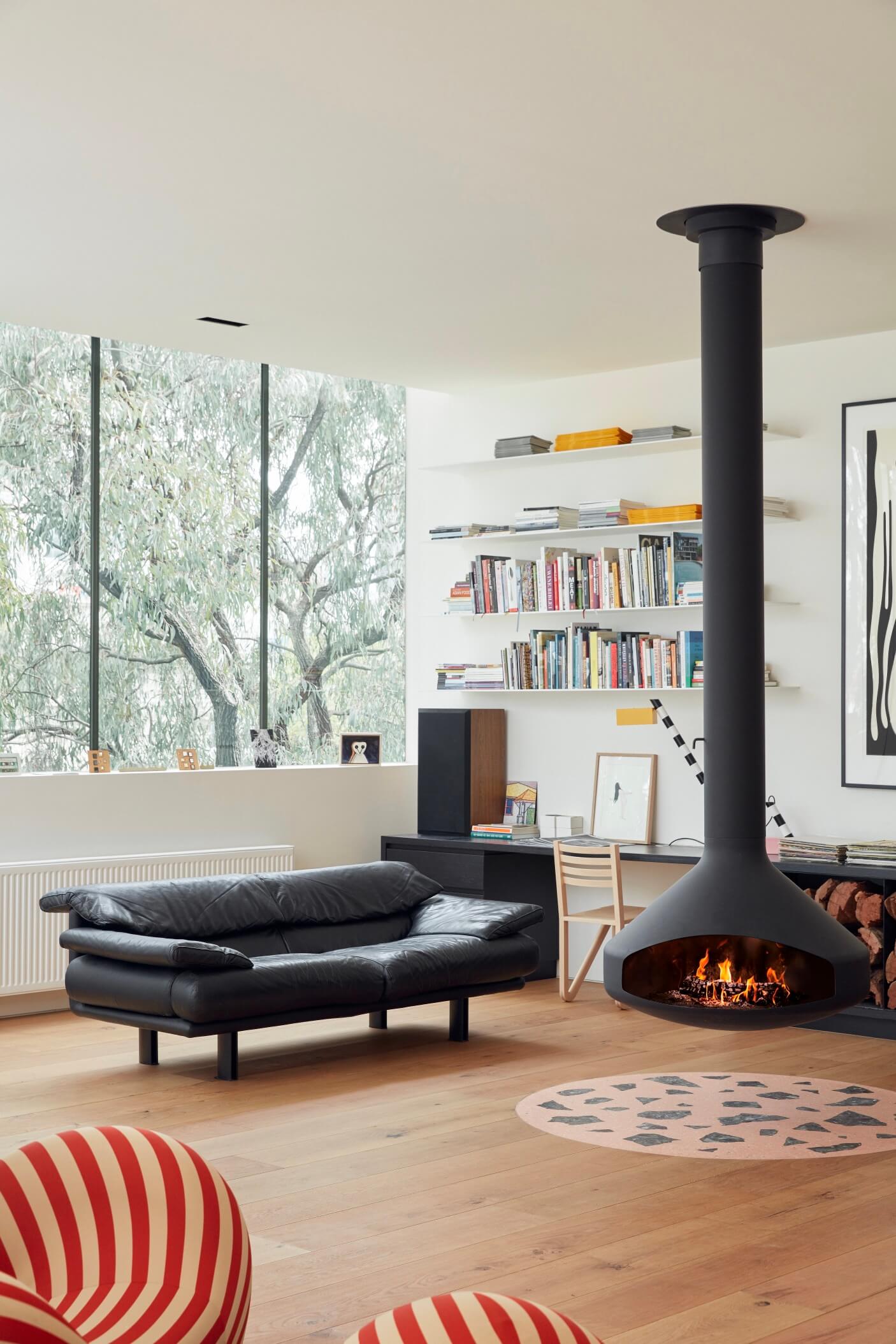 A focus fireplace suspended in home